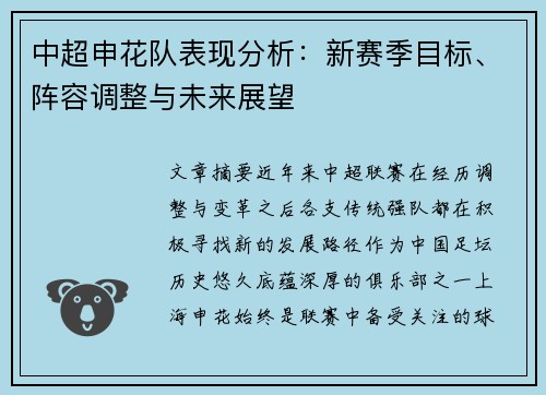 中超申花队表现分析:新赛季目标、阵容调整与未来展望 中超申花队表现分析:新赛季目标、阵容调整与未来展望